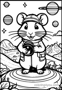 Hamster standing on a planet, looking through a telescope, with a sign