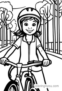 Giovane ragazza in bicicletta che impara a conoscere la sicurezza stradale indossando un casco e un grande sorriso sul viso