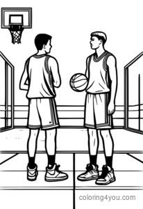 Pangkulay na pahina ng mga referee na nakikipag-usap sa isang basketball court