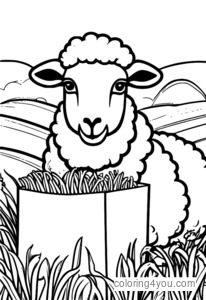 Coloring page of a sheep eating from a bag of grass