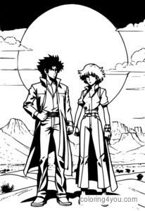 Spike Spiegel e Faye Valentine parados no meio de um pôr do sol no deserto de Cowboy Bebop.