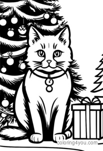 Dibujo para colorear de un gato sorprendido abriendo un regalo bajo un árbol de Navidad