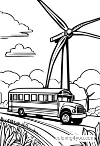 Ausmalbild: Windkraftanlage mit Schulbus