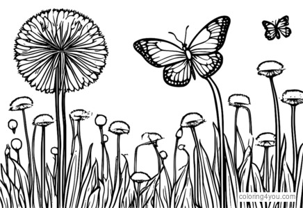 Cartoon coloring page of dandelions and butterflies