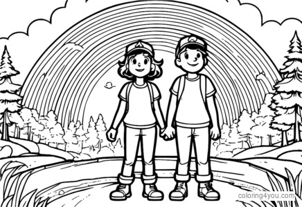 Dipper e Mabel Pines em frente a um arco-íris.