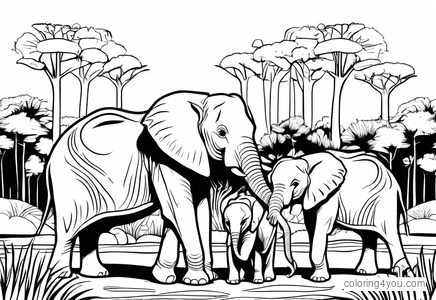 Beautiful illustration of a family of elephants playing together in the savannah