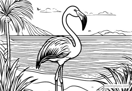 Flamingo se opušta na pješčanoj plaži sa jarko plavim oceanom u pozadini.