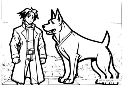 Maes Hughes ve köpeği Fullmetal Alchemist'ten sadık bir ifadeyle boyama sayfası