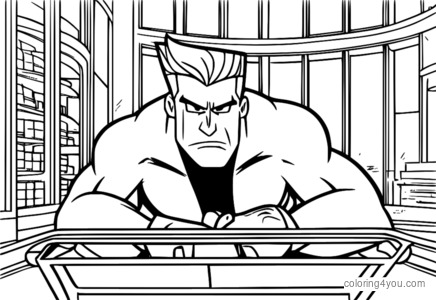 Johnny Bravo looks embarrassed as he tries to get up from a weighing machine.