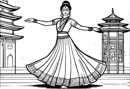 A picture of a Kathak dancer in traditional attire, performing a dance with a Chinese theme.