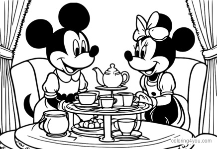 Mickey Mouse ve Minnie Mouse çay partisi veriyor