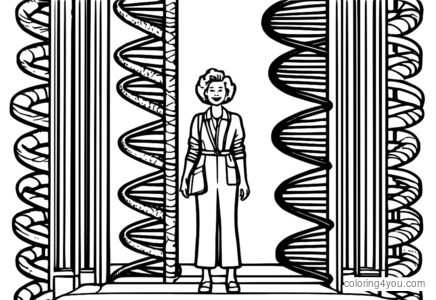 Ms. Frizzle standing next to a giant DNA helix