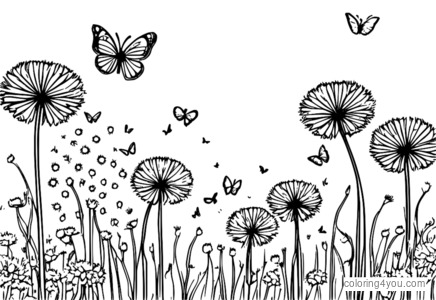 Seasonal coloring page of dandelions and butterflies