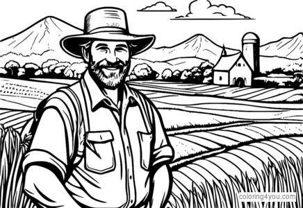 Coloring page of a hexagonal tile with a field terrain and a happy farmer.