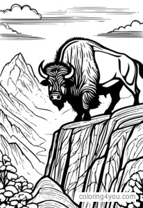 A bison climbing a mountain with rocky terrain and clouds around