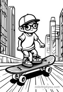 A cartoon character riding a skateboard down a hill.