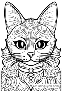 Coloring page of a cat with a hair clip in its ear