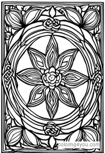 Celtic-inspired floral wreath with intricate knotwork and patterns for kids to color.