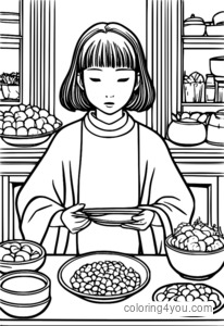 Chihiro at No-Face Sharing a Meal Coloring Page