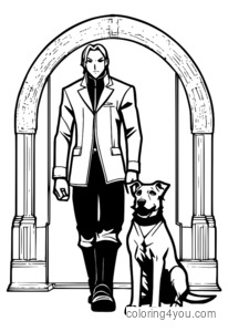 Maes Hughes and his dog coloring page from Fullmetal Alchemist with loyal expression