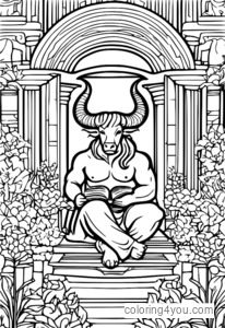 Một con minotaur đang đọc sách trong mê cung đầy màu sắc.