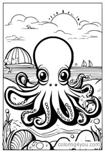 Ein Cartoon-Oktopus, der am Strand sitzt