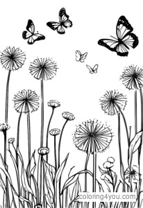 Seasonal coloring page of dandelions and butterflies