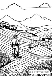 Coloring page of a hexagonal tile with a field terrain and a happy farmer.