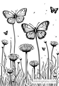 Shaded coloring page of dandelions and butterflies