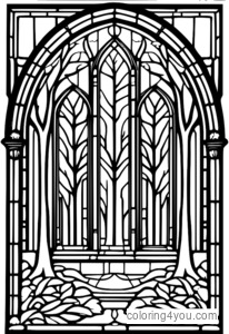 Stained glass window with trees coloring page