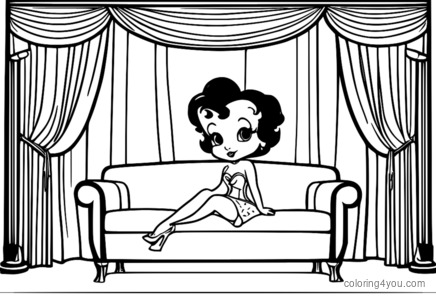 Betty Boop ina suí ar tolg, ceirteacha tarraingthe taobh thiar de imbhalla, ag teacht amach ar stáitse