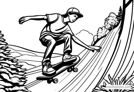 A skateboarder riding a classic skateboard down a hill.