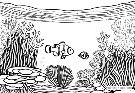 Coral Reef Coloring Page med klovnefisk og sjøanemoner