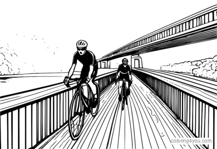 Cyclists racing over a long bridge with a river below