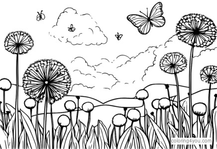 Educational coloring page of dandelions and butterflies