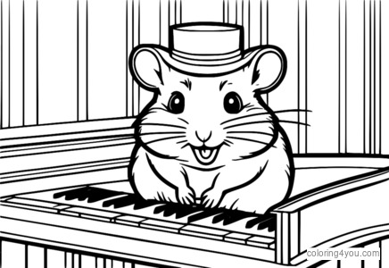 Hamster playing the piano, wearing a tiny musical hat, and smiling