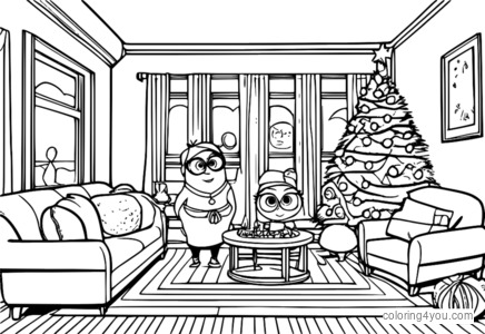 Coloring page of the characters from Inside Out celebrating the holidays, together and enjoying themselves.