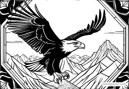 Coloring page of a hexagonal tile with a mountain terrain and a majestic eagle.