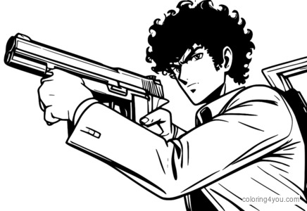 Spike Spiegel duke nxjerrë armën e tij ikonë nga Cowboy Bebop.