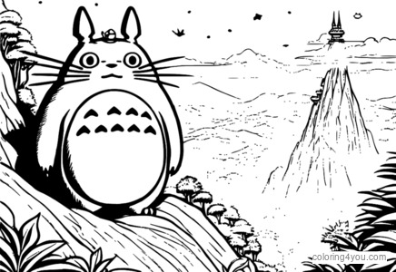 Totoro climbing a mountain with soot sprites accompanying him on this epic adventure.