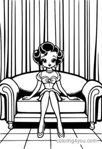 Betty Boop sidder på en sofa, trukket bag et gardin, og kommer ud på en scene