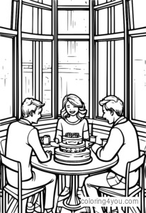 Bridge players at a table with cake coloring page