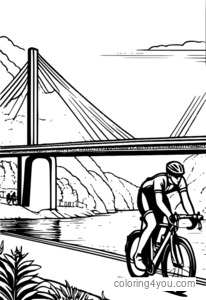 Cyclists racing over a long bridge with a river below