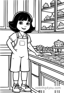 Dora Explorer në kuzhinë, duke qëndruar përpara një tavoline pastiçerie