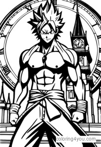 Kaca pewarna Grimmjow Jaegerjaquez saka anime Fairy Tail kanthi latar mburi menara jam.