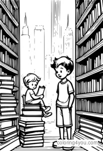 Louis Loud trying to sneak past his brother Lisa while hiding behind a stack of books