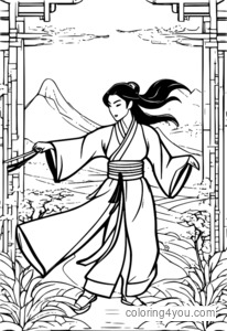 Coloring pages of Mulan practicing Kung Fu