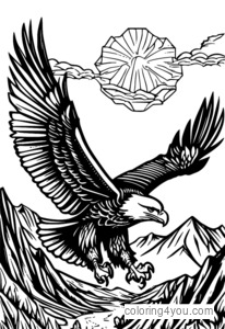 Coloring page of a hexagonal tile with a mountain terrain and a majestic eagle.