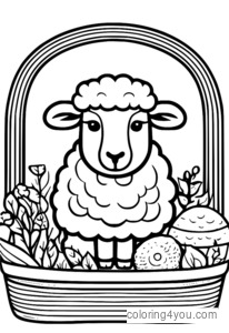 WordWorld Sheep forming the word eat with a basket of food color page