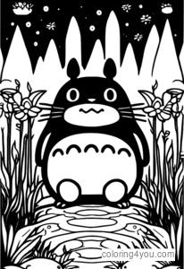 Sprite jelaga bermain di padang rumput yang penuh dengan bunga berwarna-warni dengan Totoro memerhati dari jauh.